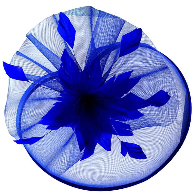 Large Satin Trimmed Veil Fascinator with Feathers – Something Special Royal Blue