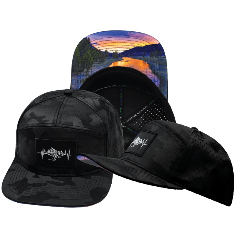 Mountains Hat – Flat Bill – Black Camo – Laser Mesh