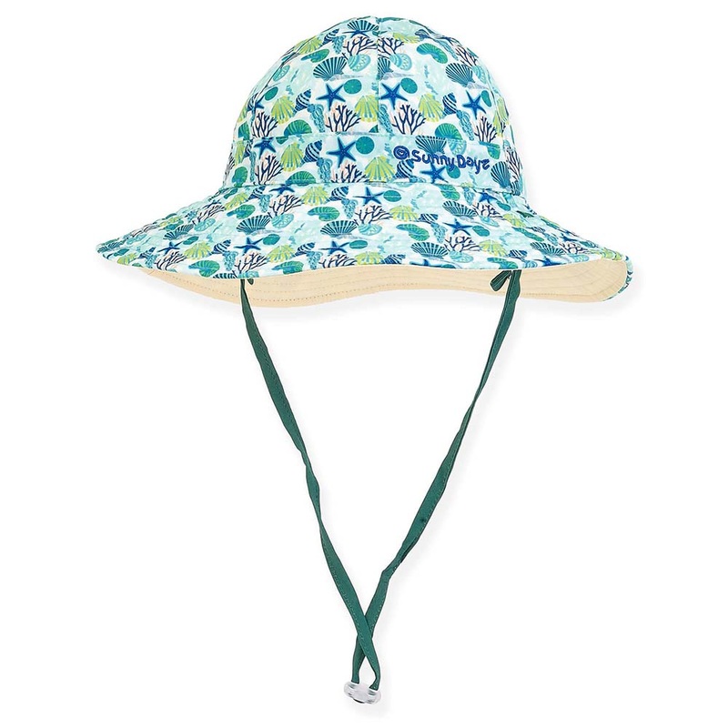 Petite Size Reversible Sea Shells Cotton Sun Hat – Sunny Dayz Hat Green Small (55 cm)