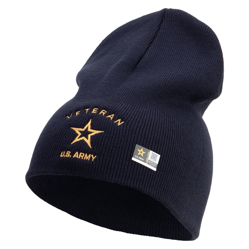 US Army Veteran Military Embroidered 8 Inch Solid Knit Short Beanie Made in USA Black One Size