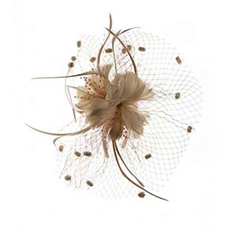 Feather Flower Fascinator with Dotted Netting Champagne