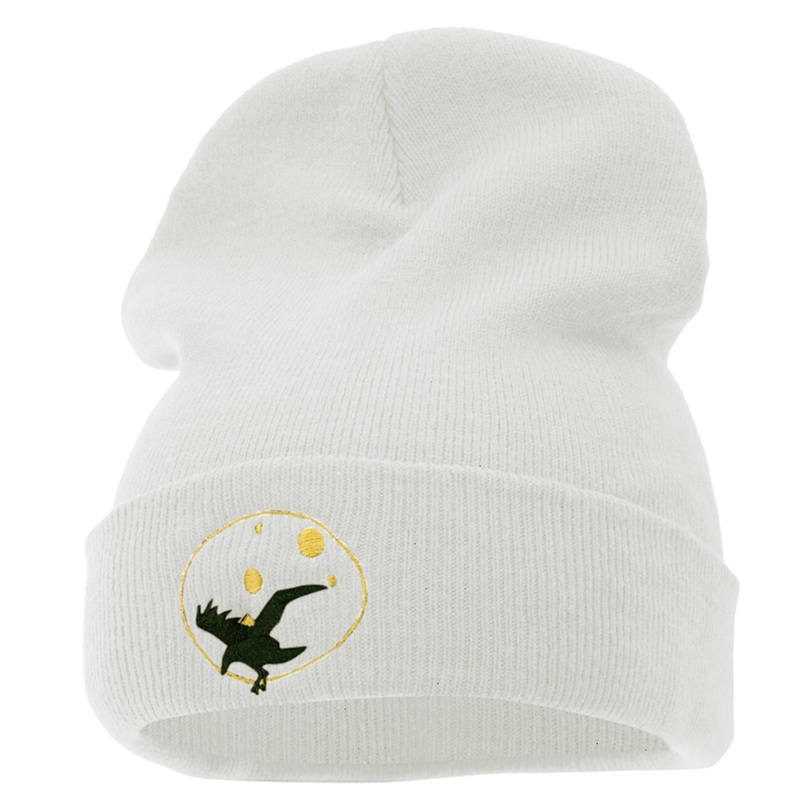Flying Raven Embroidered 12 Inch Long Knitted Beanie White One Size