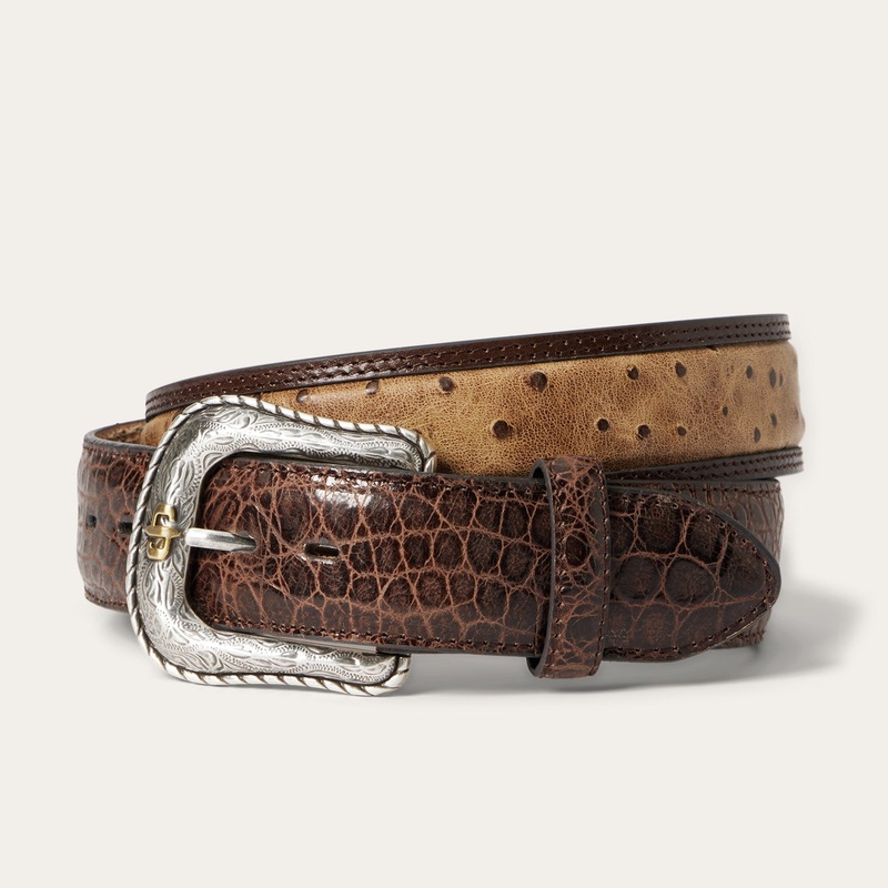 Ostrich Print Croco Embossed Western Tabs Belt Cognac/California Nut 32