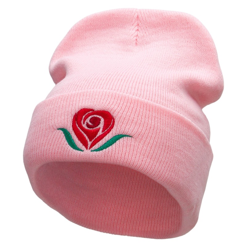 Rosey Heart Symbol Embroidered 12 inch Acrylic Cuffed Long Beanie Pink One Size