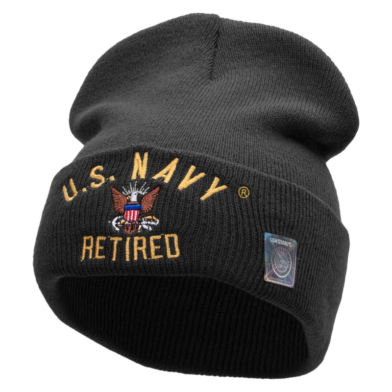 US Navy Retired Military Embroidered Long Beanie Made in USA Black One Size
