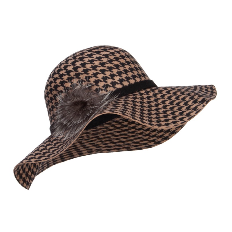 Houndstooth Wool Fur Trim Hat Green One Size