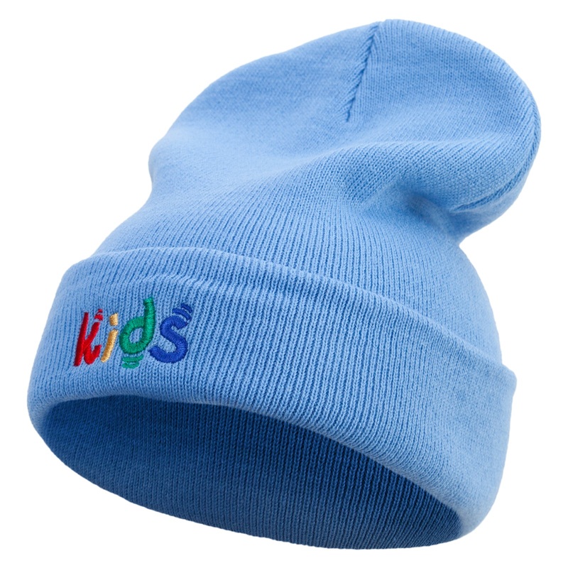 Playful Kids Logo Embroidered 12 Inch Long Knitted Beanie Sky Blue One Size