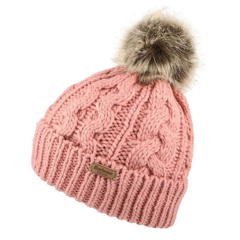 Barbour Hats Penshaw Cable Knit Faux Fur Pom Bobble Hat – Pink 1-Size