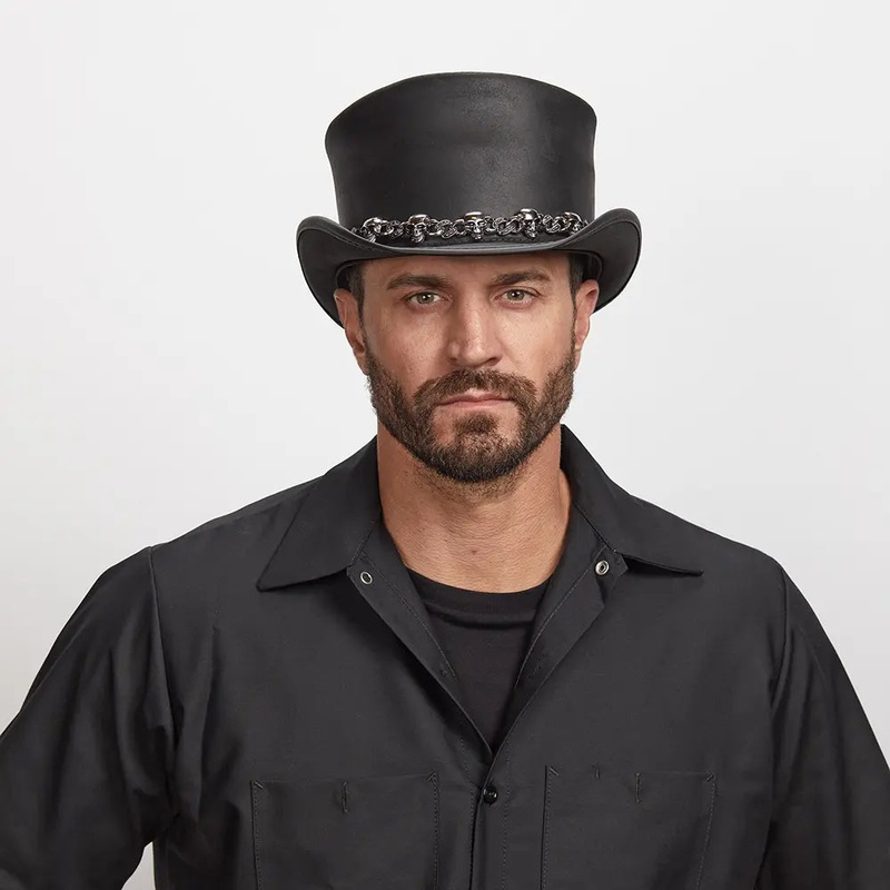 El Dorado 5 Skull | Mens Leather Top Hat with 5 Skull Hat Band Black MD