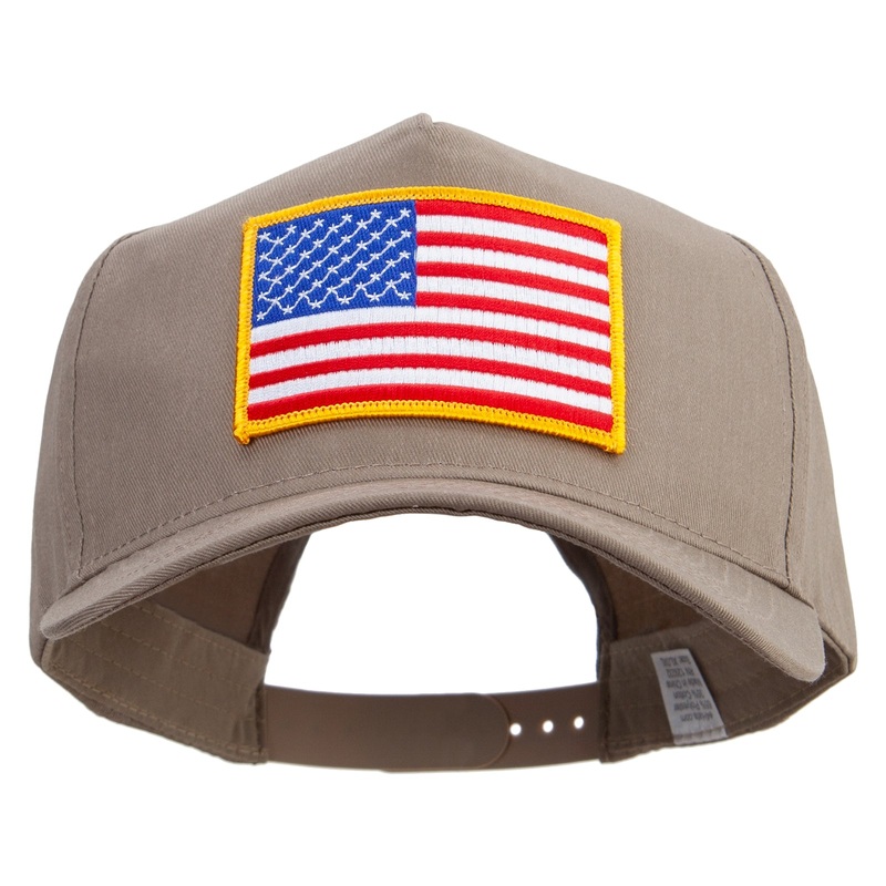 Gold American Flag Patched Big Size Solid Cotton Twill 5 Panel high profile Prostyle Snap Cap Khaki XL-3XL
