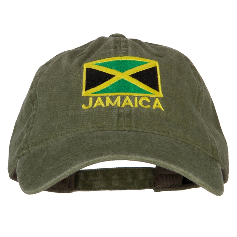 Jamaica Flag with Letters Embroidered Washed Cotton Twill Cap Olive One Size