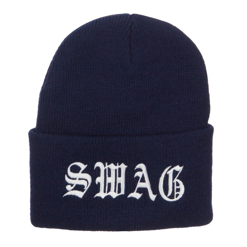 Old English Swag Embroidered Long Beanie Navy One Size