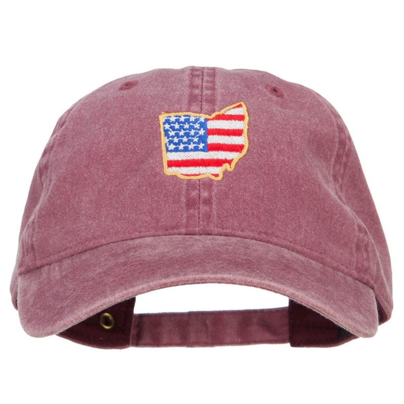 USA Flag Ohio Map Embroidered Washed Buckle Cap Maroon One Size