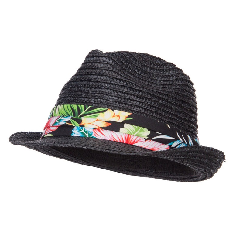Wheat Braid Floral Band Straw Fedora Black One Size