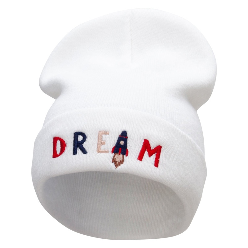 Dream Rocket Embroidered 12 Inch Long Knitted Beanie White One Size