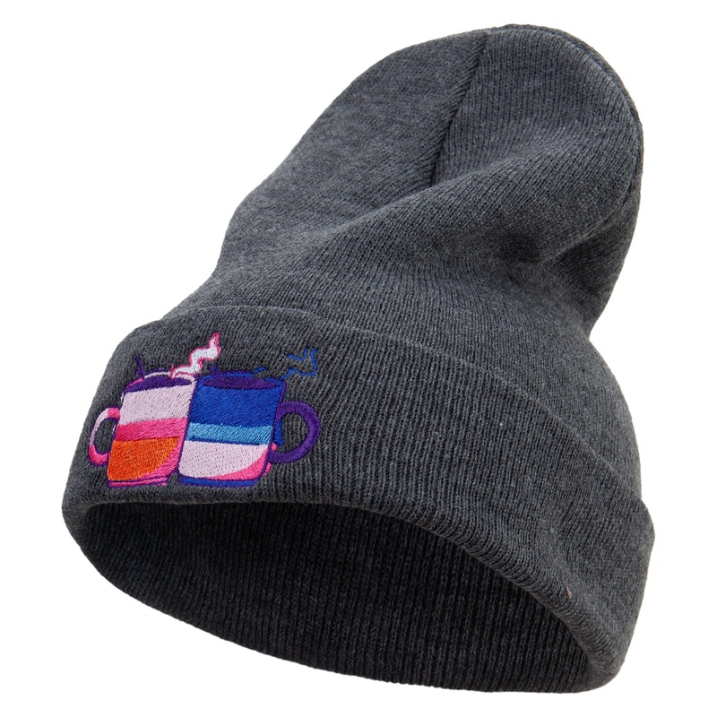 Hand Drawn Christmas Coffee Mug Embroidered 12 Inch Long Knitted Beanie Heather Charcoal One Size