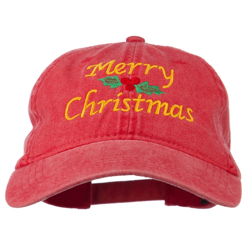 Merry Christmas Mistletoe Embroidered Washed Dyed Cap Red One Size
