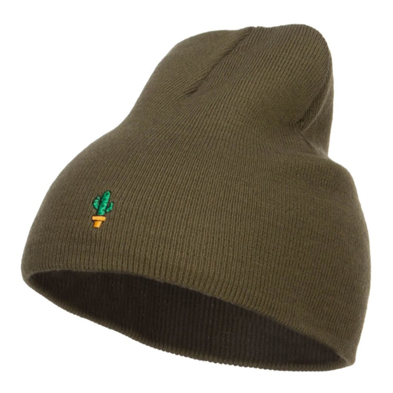 Mini Cactus Embroidered Short Beanie Olive One Size
