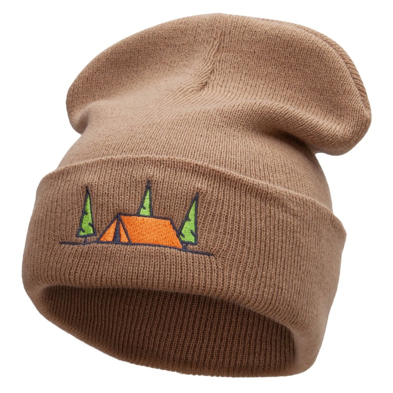 Scenic Camping Tent Embroidered 12 Inch Solid Long Beanie Made in USA Khaki One Size