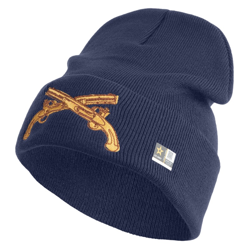 U.S. Army Military Police Insignia Logo Embroidered 12 Inch Solid Knit Cuff Long Beanie Made in USA Navy One Size
