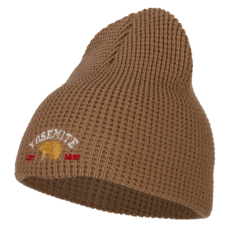 Yosemite National Park Embroidered Big Stretch Waffle Short Beanie Sand Khaki XL-3XL