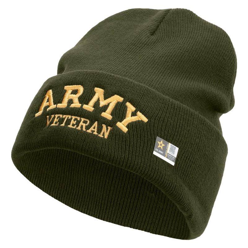 Army Veteran Letters Embroidered 12 Inch Long Knitted Beanie Olive One Size