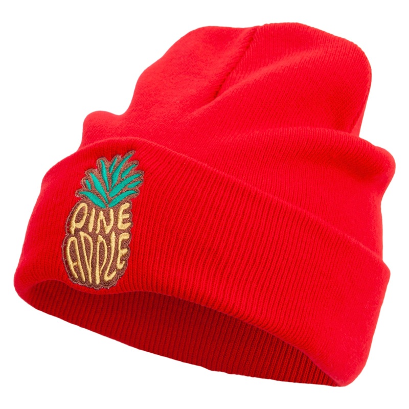 Fresh Pineapple Embroidered 12 Inch Long Knitted Beanie Red One Size