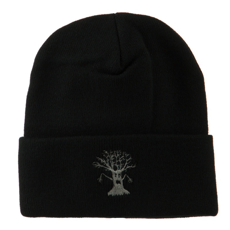 Halloween Spooky Tree Embroidered Long Beanie Black One Size