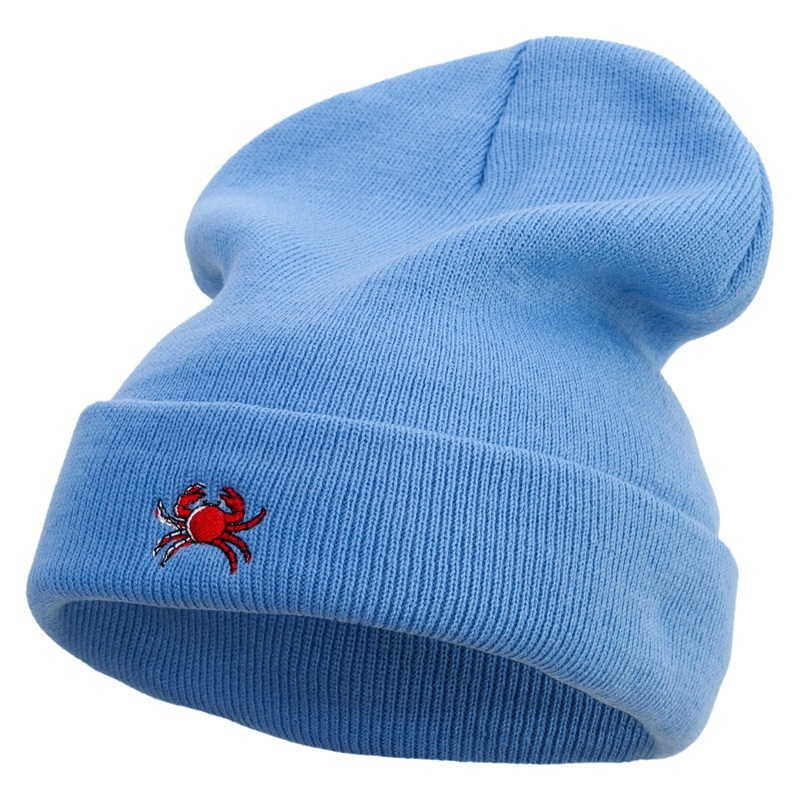 Art Style of Red Crab Embroidered 12 Inch Long Knitted Beanie Sky Blue One Size