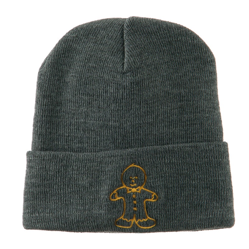 Gingerbread Man Embroidered Long Beanie Grey One Size