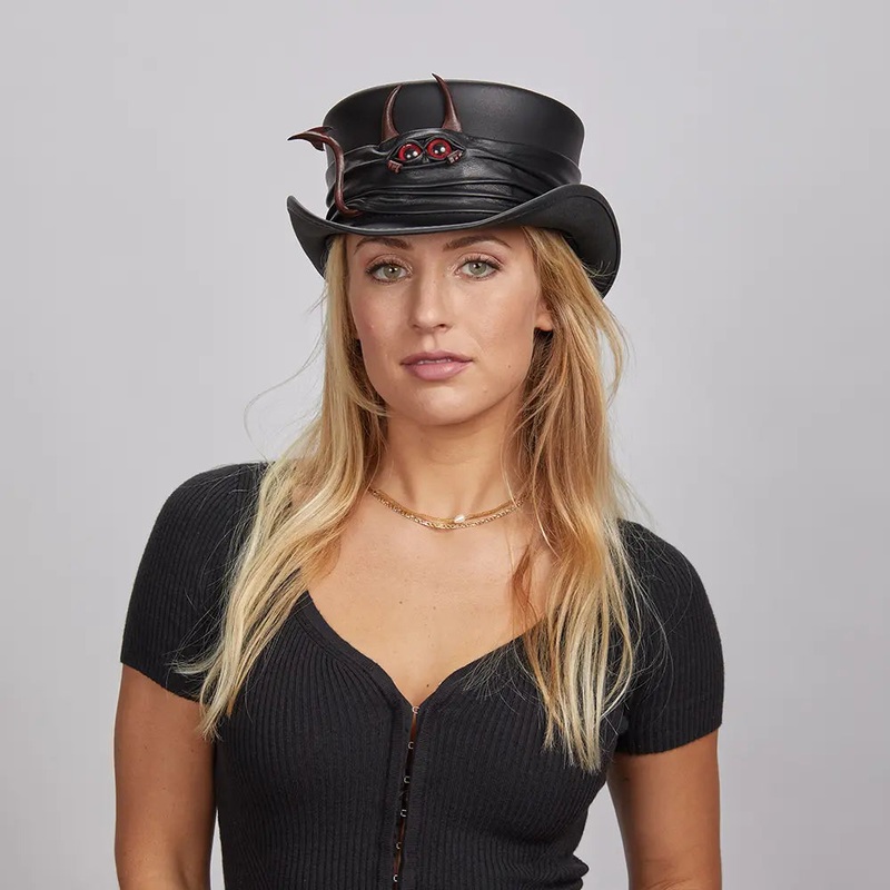 Marlow Lil Evil | Womens Leather Top Hat with Lil Evil Hat Band Black MD