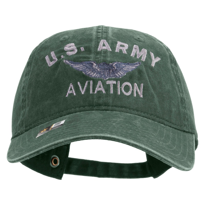US Army Aviation Embroidered Washed Solid Pigment Dyed Cotton Twill Brass Buckle Cap Dk Green One Size