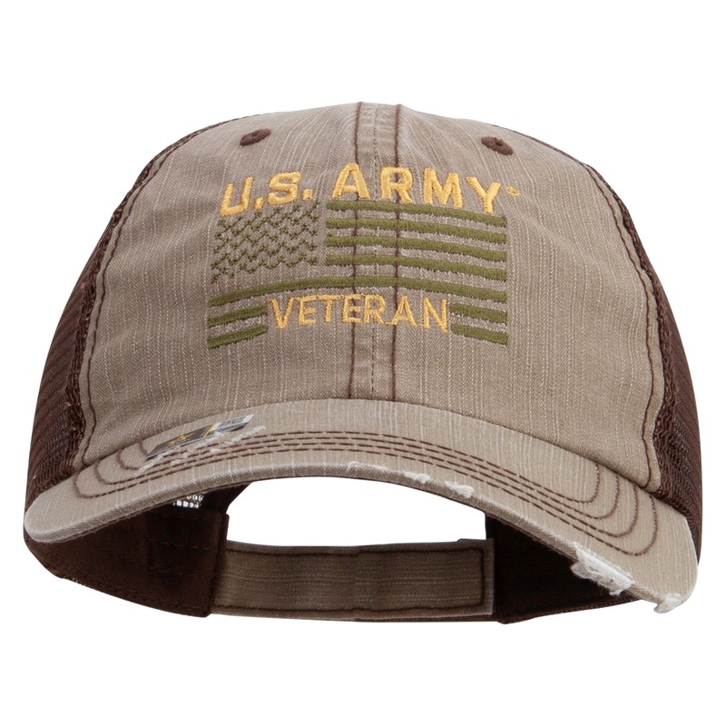 US Army Veteran Flag Embroidered Low Profile Special Cotton Mesh Cap Khaki Brown One Size