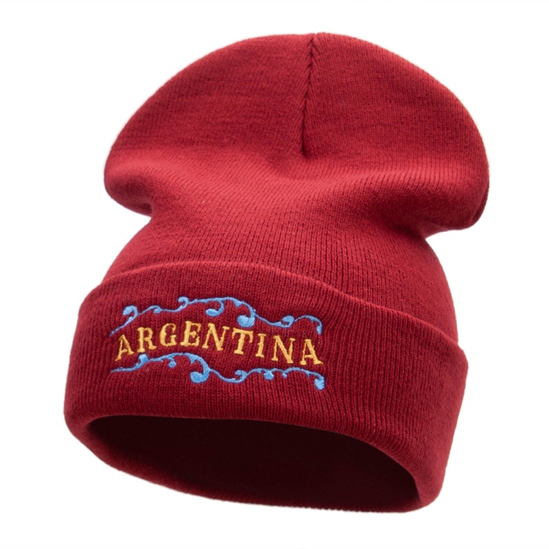 Argentina Embellishment Embroidered 12 Inch Long Knitted Beanie Maroon One Size