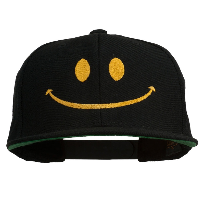 Big Smile Face Embroidered Flat Bill Cap Black One Size