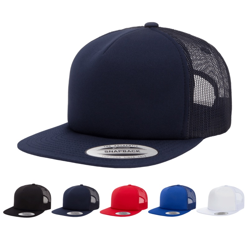 Yupoong 6005FF Foam Trucker Mesh Snapback Hat, Flat Bill Cap Black