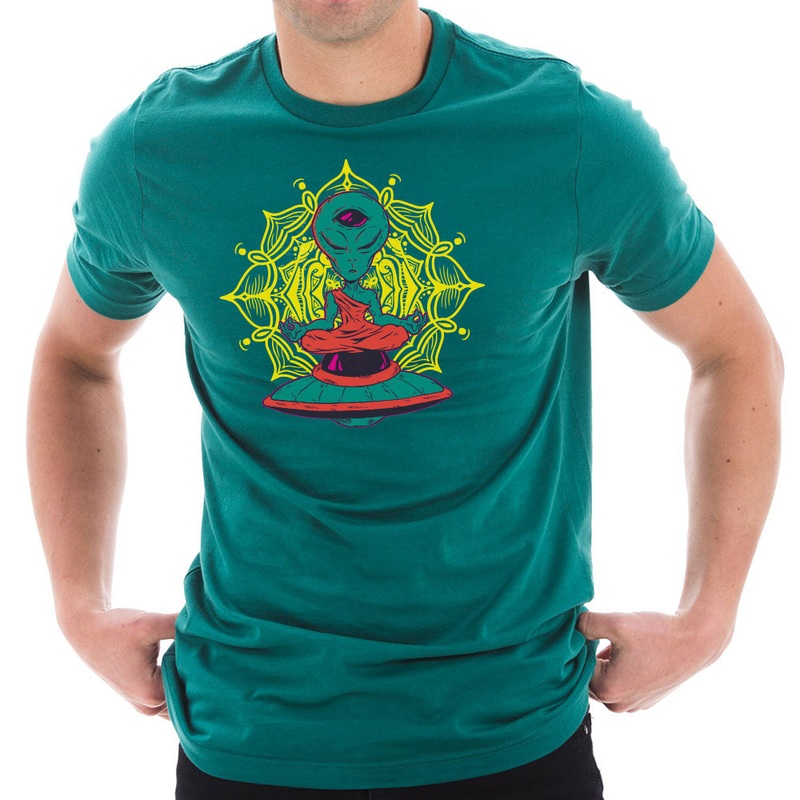 Alien Meditation Graphic Design Short Sleeve Cotton Jersey T-Shirt Teal XS