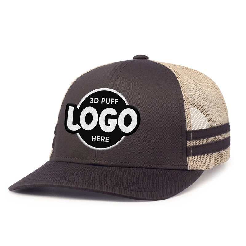 Custom Embroidered Pacific Headwear P115 Low-Profile Stripe Trucker Cap – 3D Embroidery Brown/Khaki/Brown 3D Embroidery