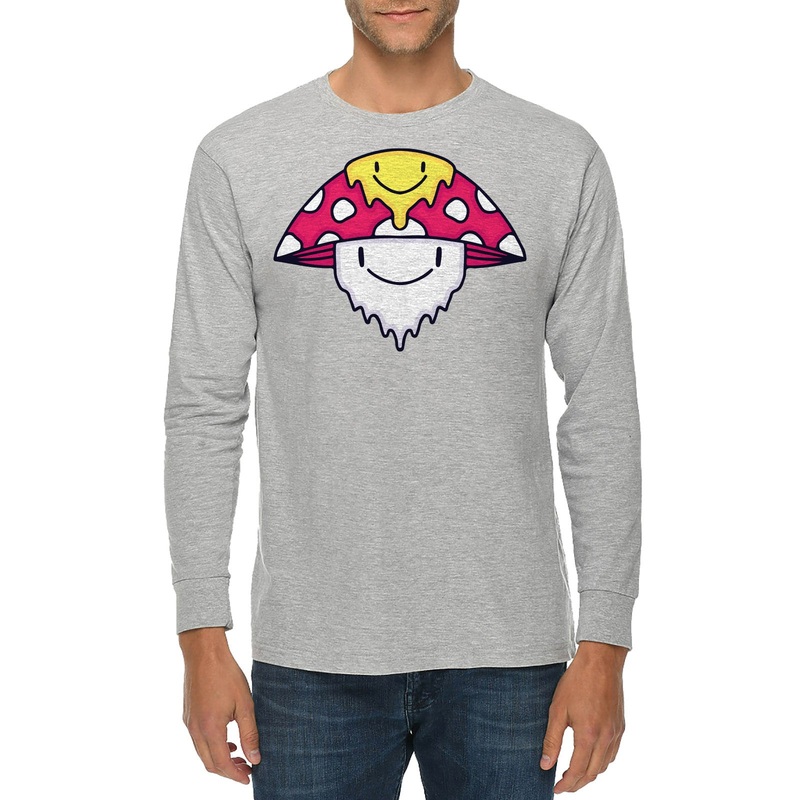 Trippy Mushroom Embroidered Unisex Lane Seven Ring Spun Cotton Premium Long Sleeve T-shirt Heather Grey XS