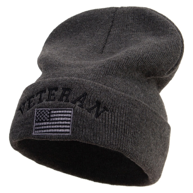 Veteran USA Flag Embroidered Big Size Acrylic Long Beanie Heather Marled XL-3XL