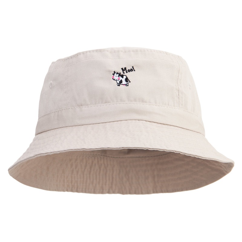 Cute Cow Embroidered Pigment Dyed Bucket Hat Natural One Size