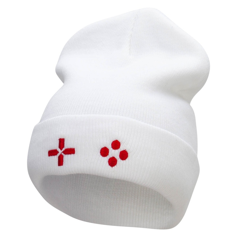 Game Pad Embroidered 12 Inch Long Knitted Beanie White One Size