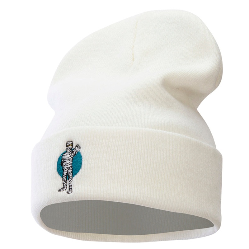 Halloween Mummy Walking Embroidered Long Knitted Beanie White One Size