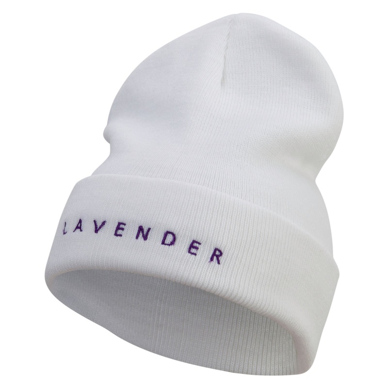 Lavender Embroidered 12 inch Long Knitted Beanie White One Size