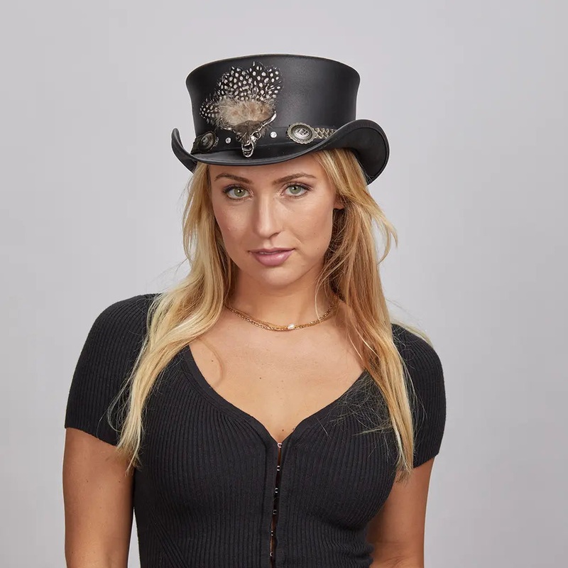 Marlow True Grit | Womens Leather Top Hat with True Grit Hat Band Black MD