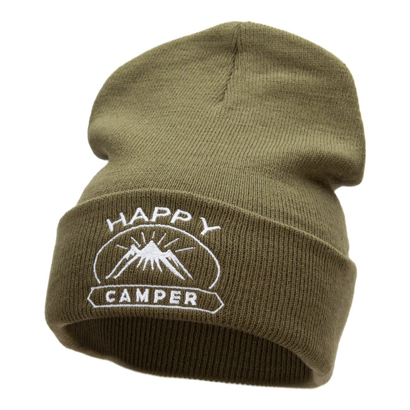 Happy Camper Embroidered Long Knitted Beanie Olive One Size