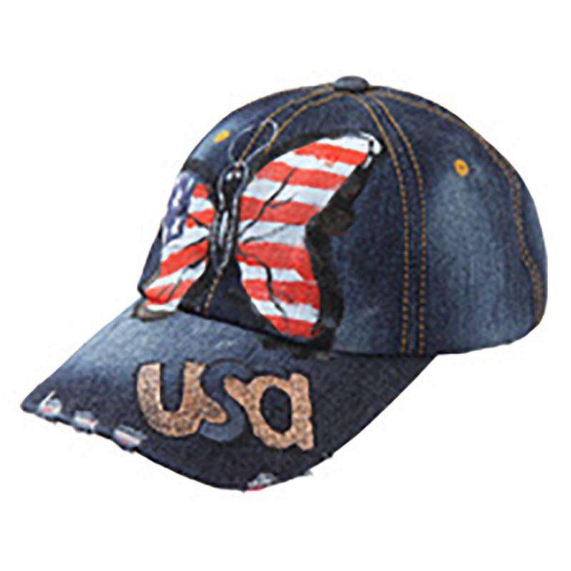 Painted USA Butterfly Denim Cap Dark Denim