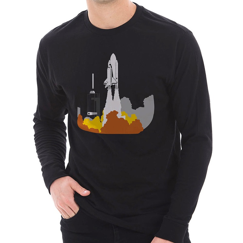 Space Shuttle Launch Graphic Design Unisex Ring Spun Cotton Premium Long Sleeve T-shirt Black XS