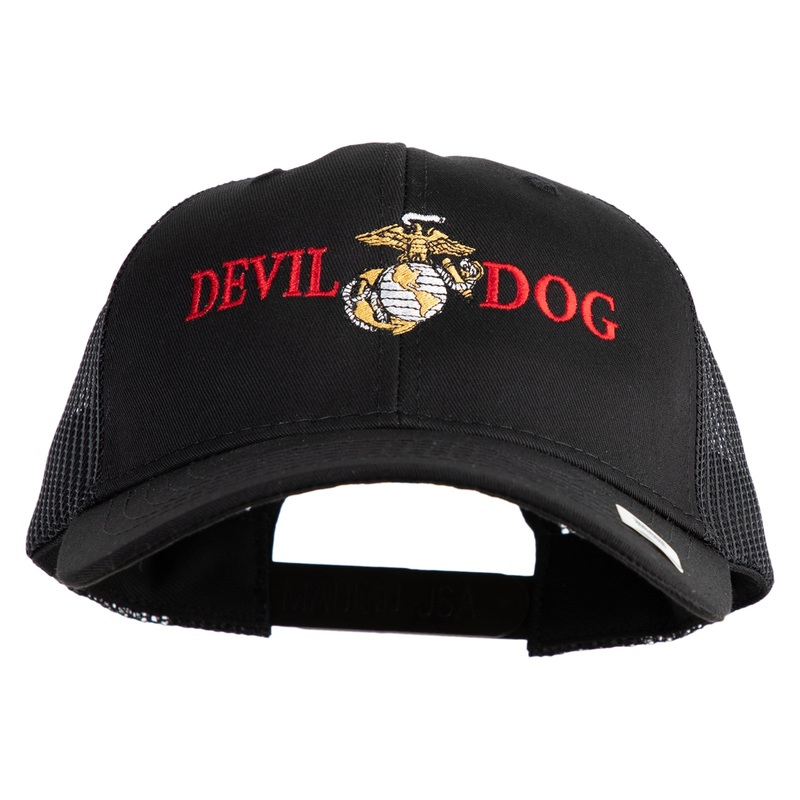 Devil Dog Embroidered 6 Panel Structured Cotton Twill Mesh Cap Made in USA Black One Size