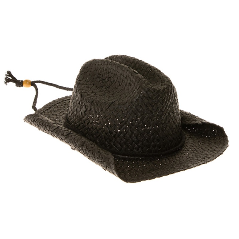 Petite Woven Straw Cowboy Hat with Chin Cord – Boardwalk Hats Black Small (54 cm)